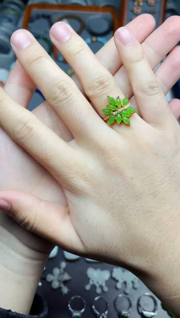 银S925镶嵌戒指和田玉叶子戒指06