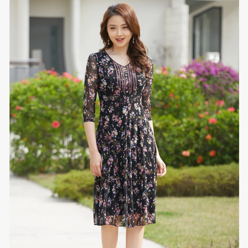 2025夏季中年妈妈装收腰中长款七分袖台湾纱女装连衣裙8330-88
