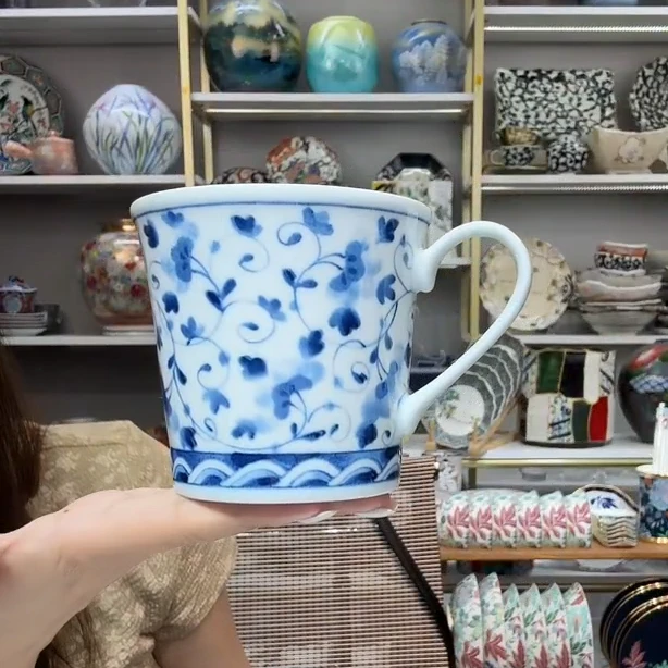 清货月【单支】日本进口美浓烧敞口马克杯330ml-小花唐草