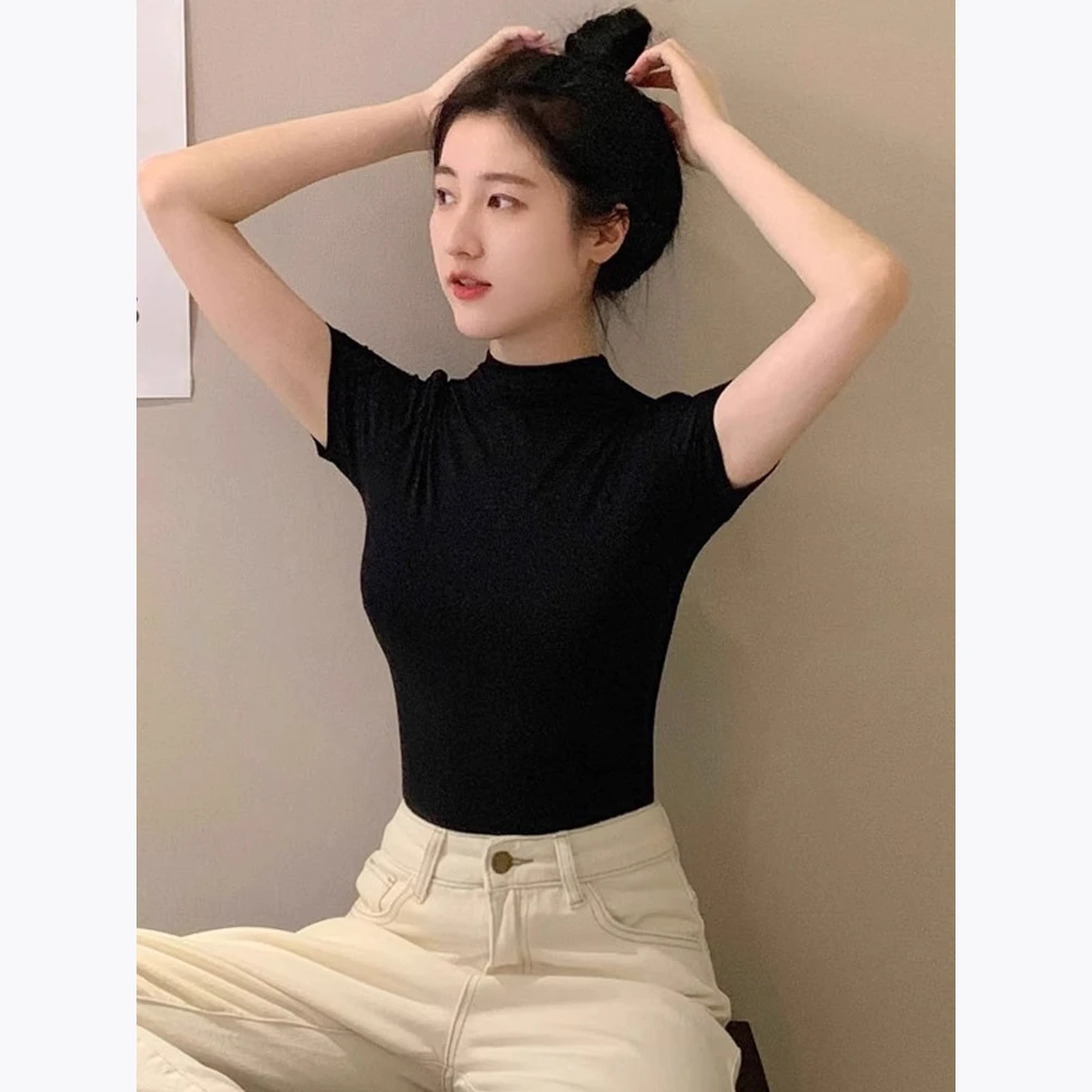 黑色半高领短袖t恤女春夏季2025中领上衣紧身半袖百搭打底衫纯色