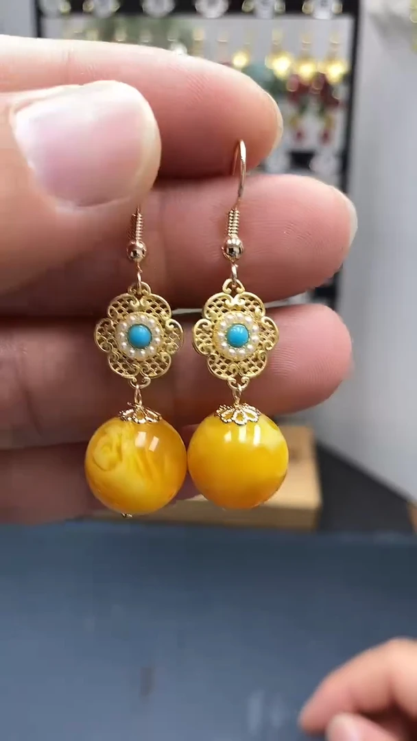 银S925镀金镶嵌蜜蜡耳饰尺寸14mmQ2