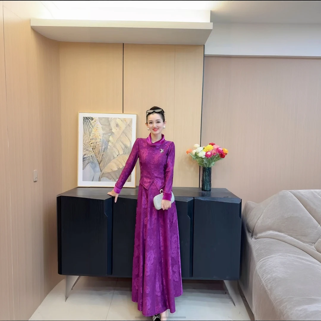 《丹尚爱》复古提花连衣裙女秋冬立领假两件修身气质长裙