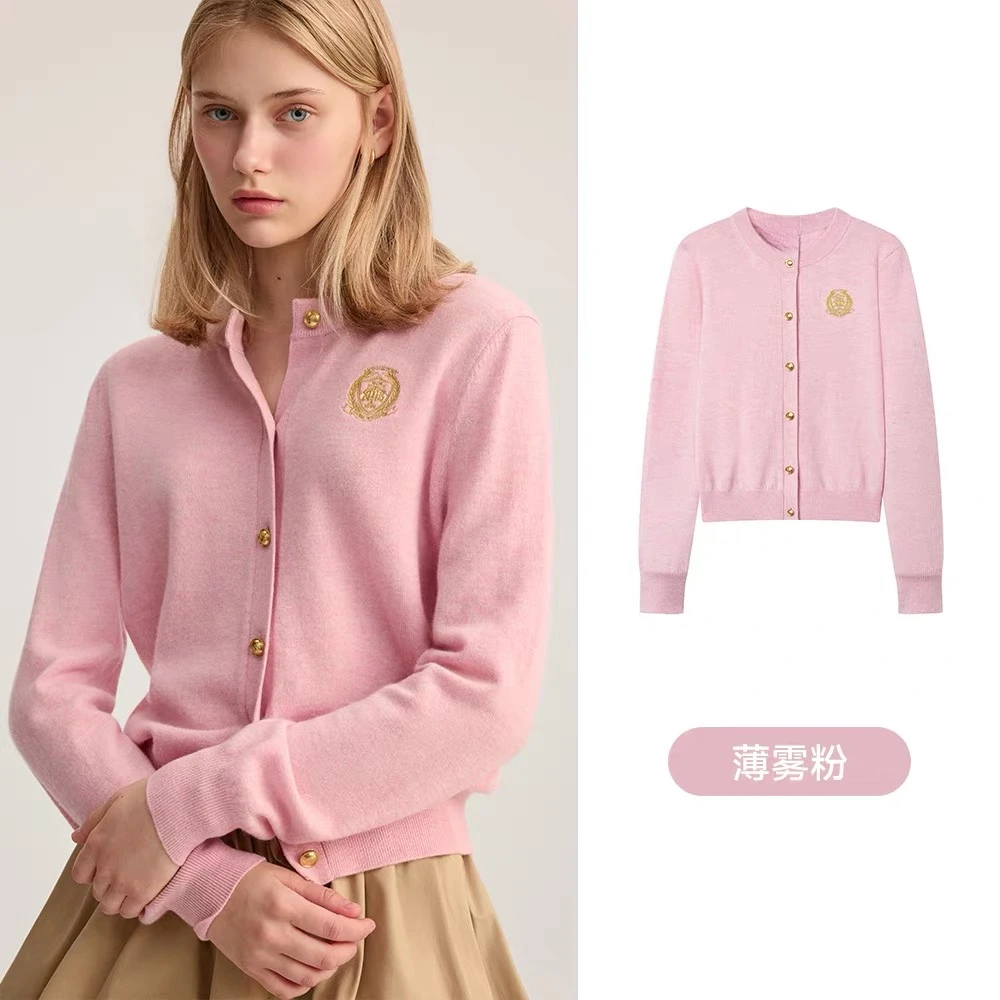 【少女】秋季新款复古圆领刺绣金扣简约显瘦百搭针织开衫9453