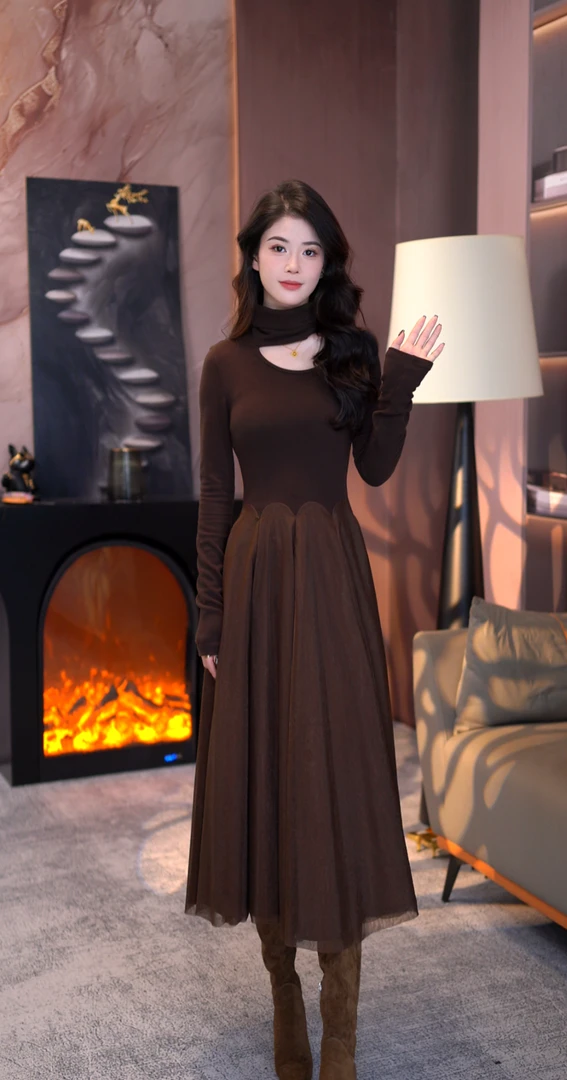 【冬季新款】气质长袖轻奢显瘦拼接设计连衣裙【24739】