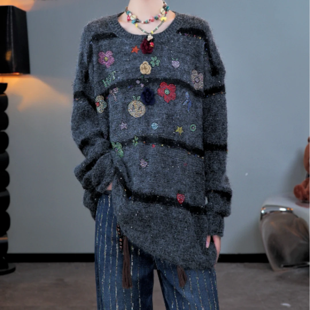 TCH私服秋季氛围感烫钻时尚淑女灰色针织衫T75C09E5172轻奢tch