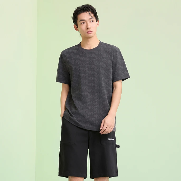 GXG男装 圆领T恤提花设计上衣凉感短袖 2025夏季新品#G25D442131