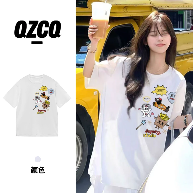 QZCQ简约百搭美式宽松港风短袖t恤韩版潮牌休闲上衣圆领时尚ins女