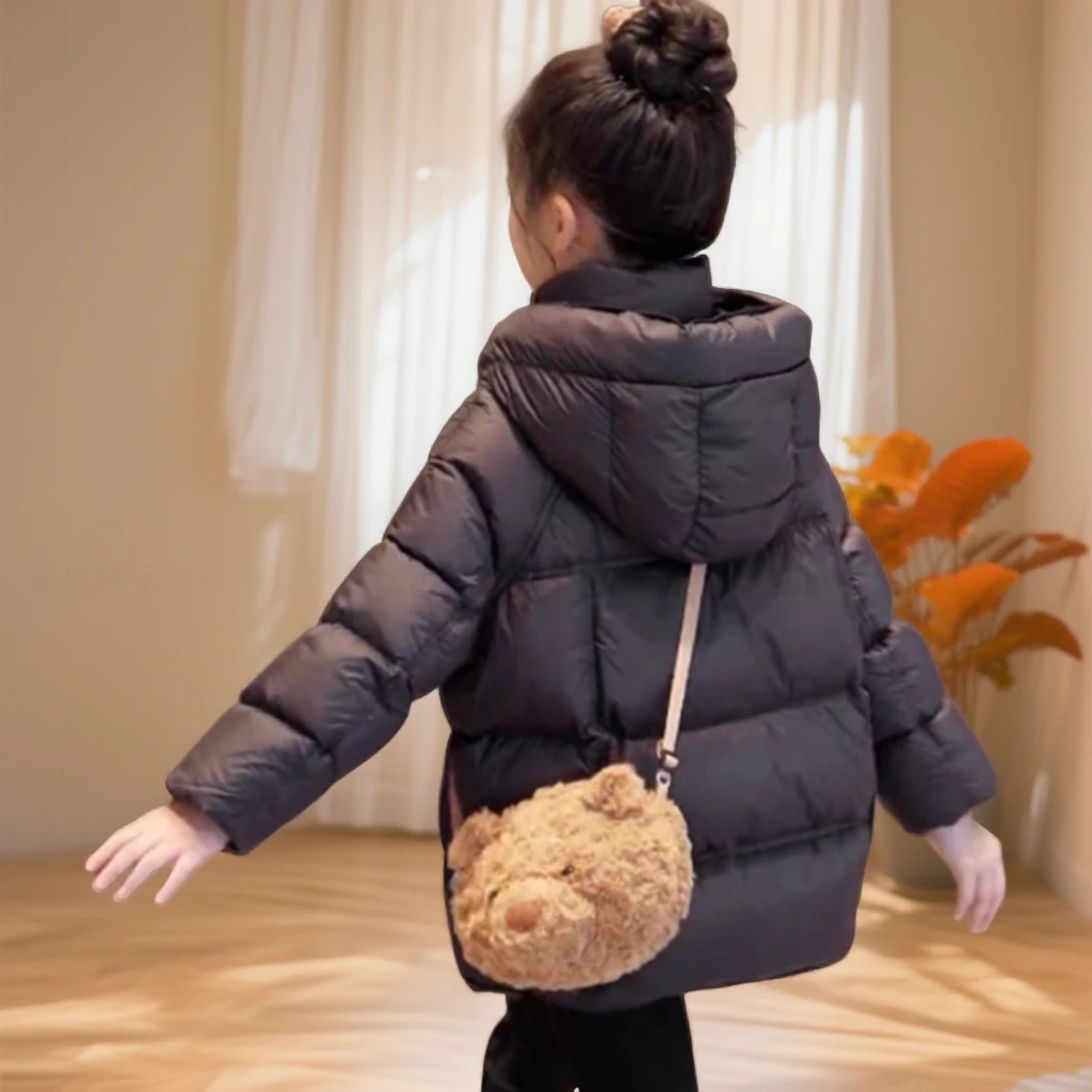 现货韩系冬新款儿童羽绒服黑色白鸭绒女童中大童短款外套连帽洋气