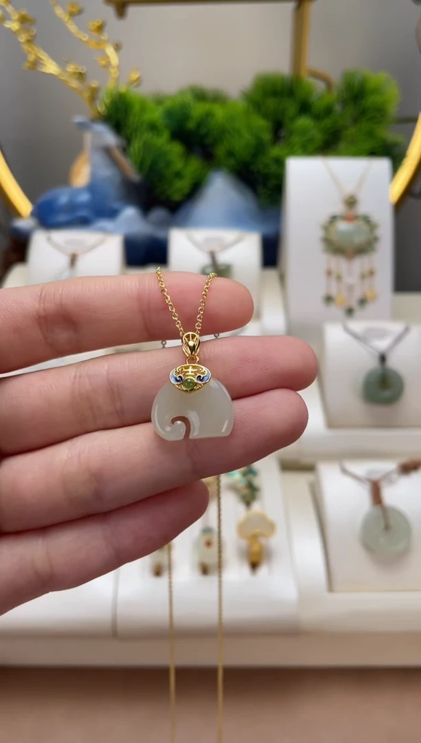 和田玉银S925镶嵌吊坠(不含链)吉象吊坠