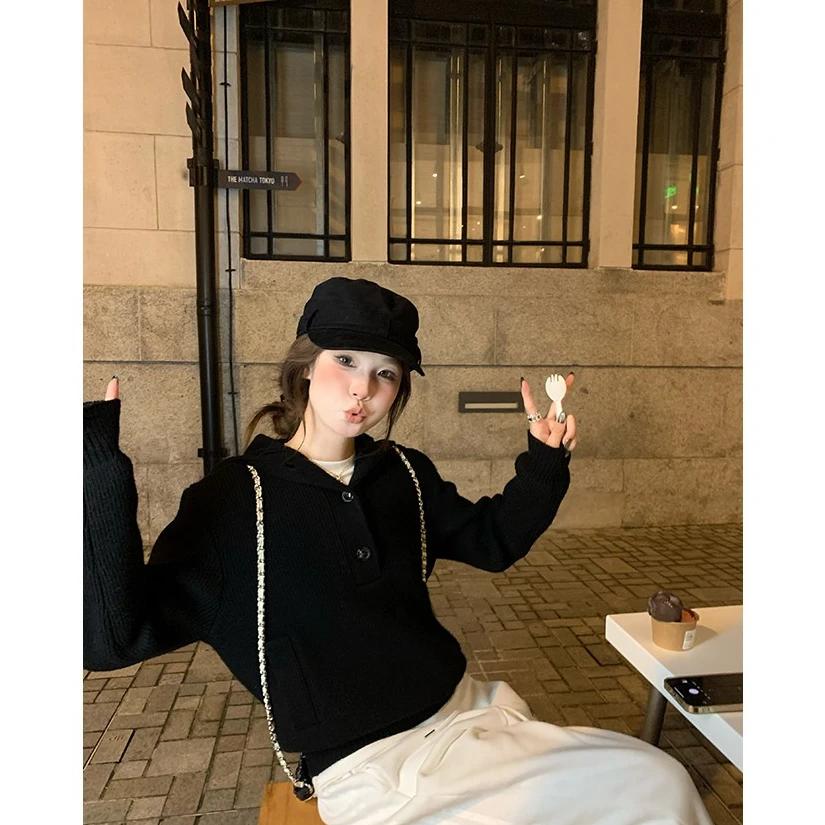 D YANGJUN 毛衣女款2024新款冬季翻领宽松慵懒感毛针织外套上衣