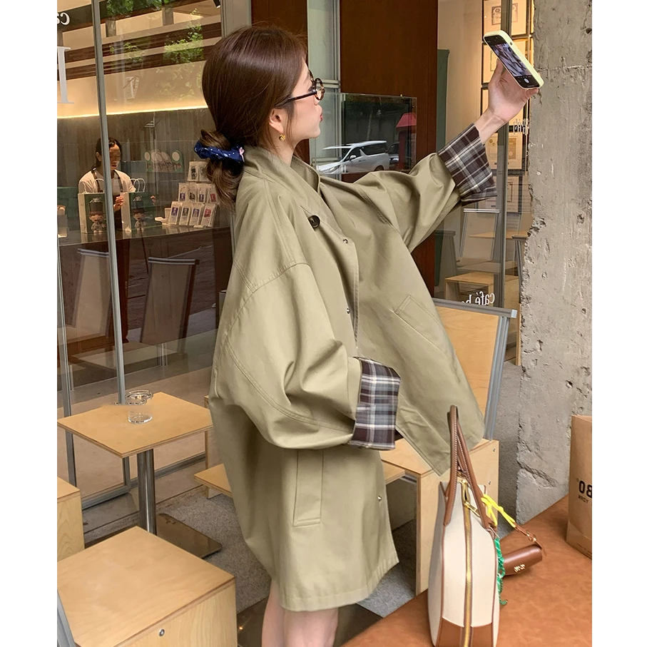 早秋高级感小个子撞色短款风衣外套女宽松廓形英伦风日系大衣F427