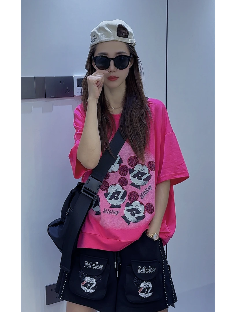 夏季新品情侣小众ins常规款T恤街头潮牌短袖卡通动漫上衣烫钻休闲