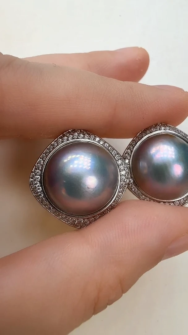 耳饰拼合珍珠（马贝珠）未镶嵌四方灰色