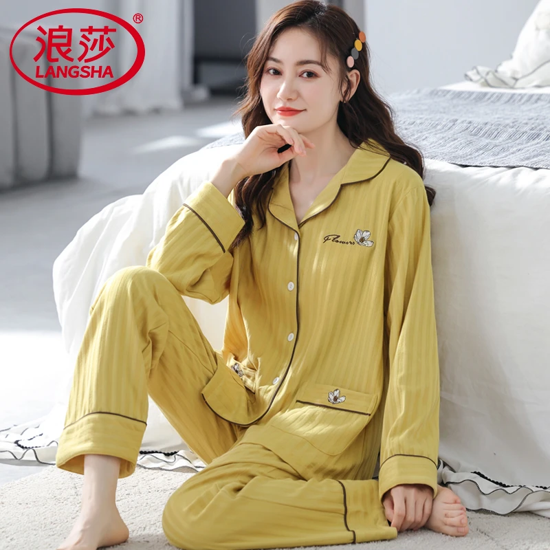 浪莎睡衣女春夏秋纯棉长袖两件套装2026年新款薄款大码秋冬家居服
