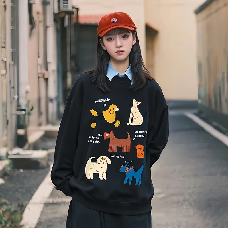 学生党卫衣女2025早春情侣装卡通印花加厚360g宽松圆领ins慵懒风