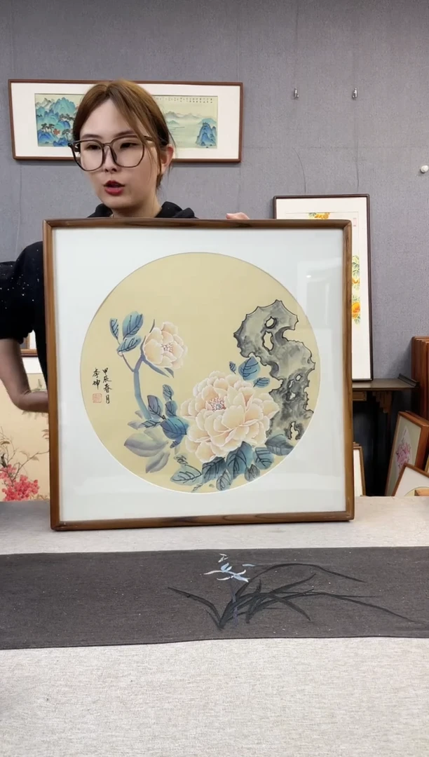 【闪购商品】国画李坤-手绘带框作品-53*53-牡丹