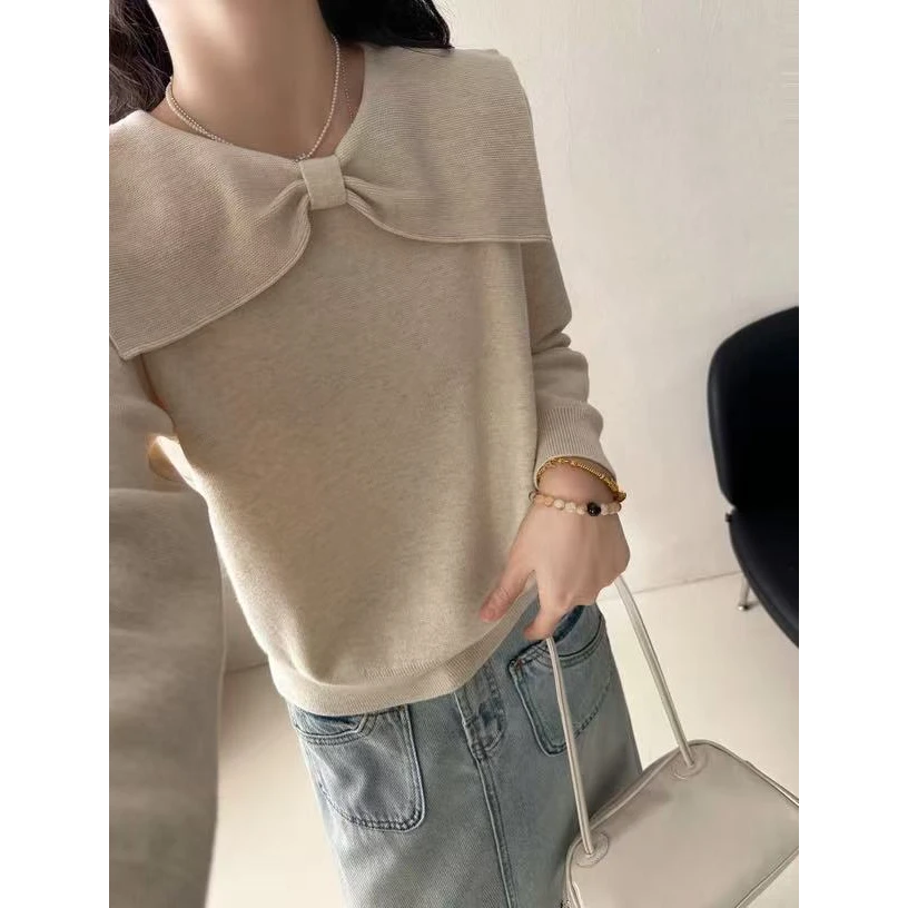 蝴蝶结女落肩袖毛针织衫套头款磨毛宽松型厚款极简风