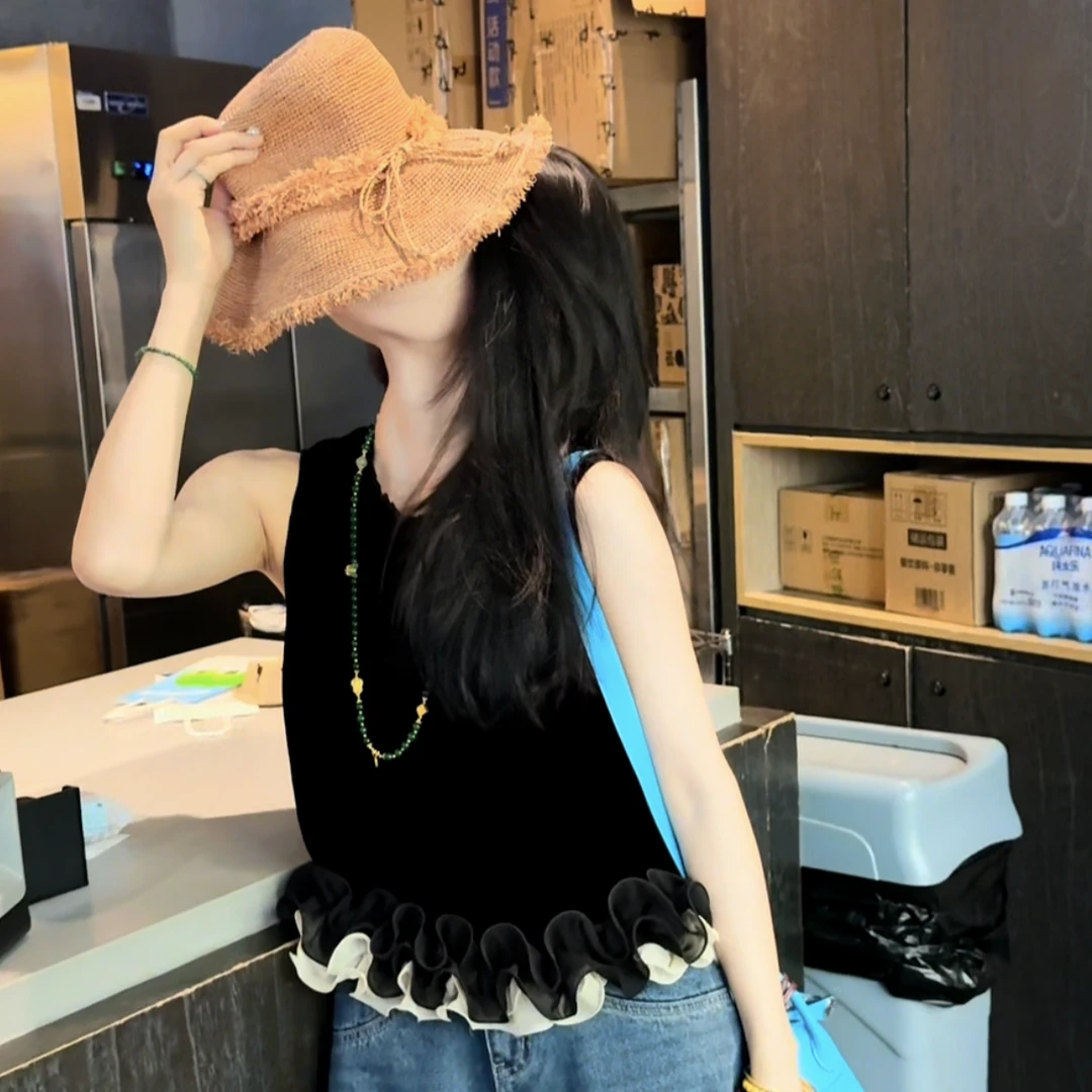 李豆儿 小众定制 百搭圆领无袖木耳边桑蚕丝 丝绒上衣