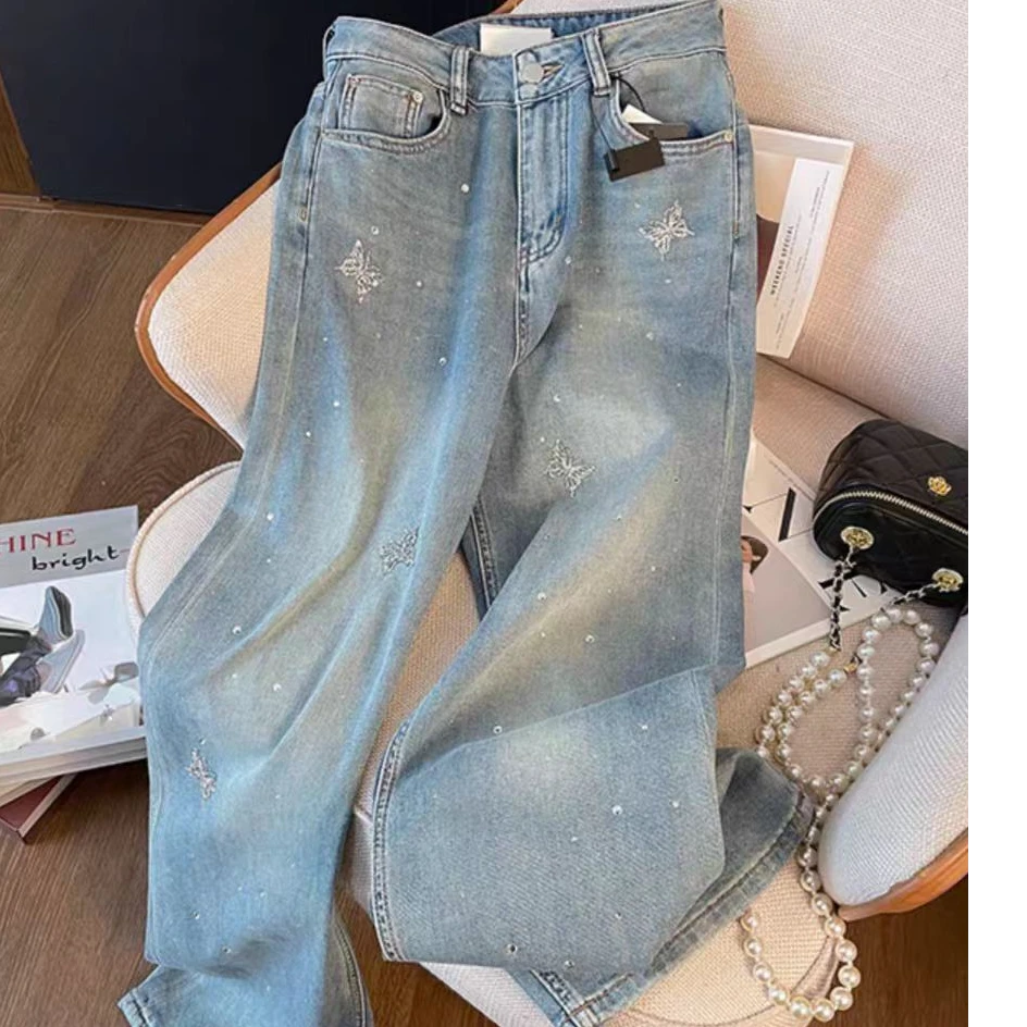 【苏苏精选】90037新款浅色高腰烫钻显瘦拖地长裤