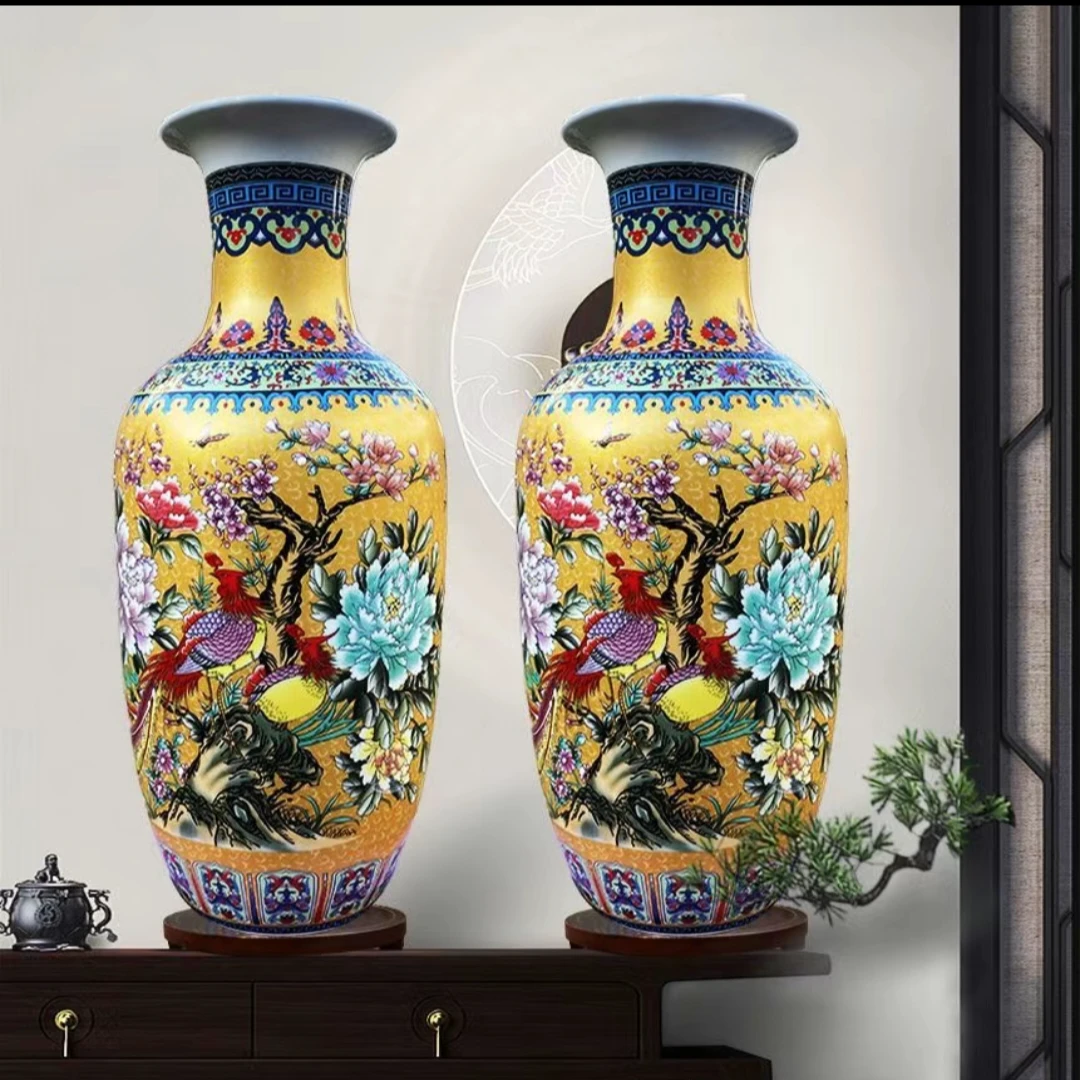 高度46厘米，景德镇陶瓷帝王黄粉彩花鸟牡丹大花瓶办公室摆件一对