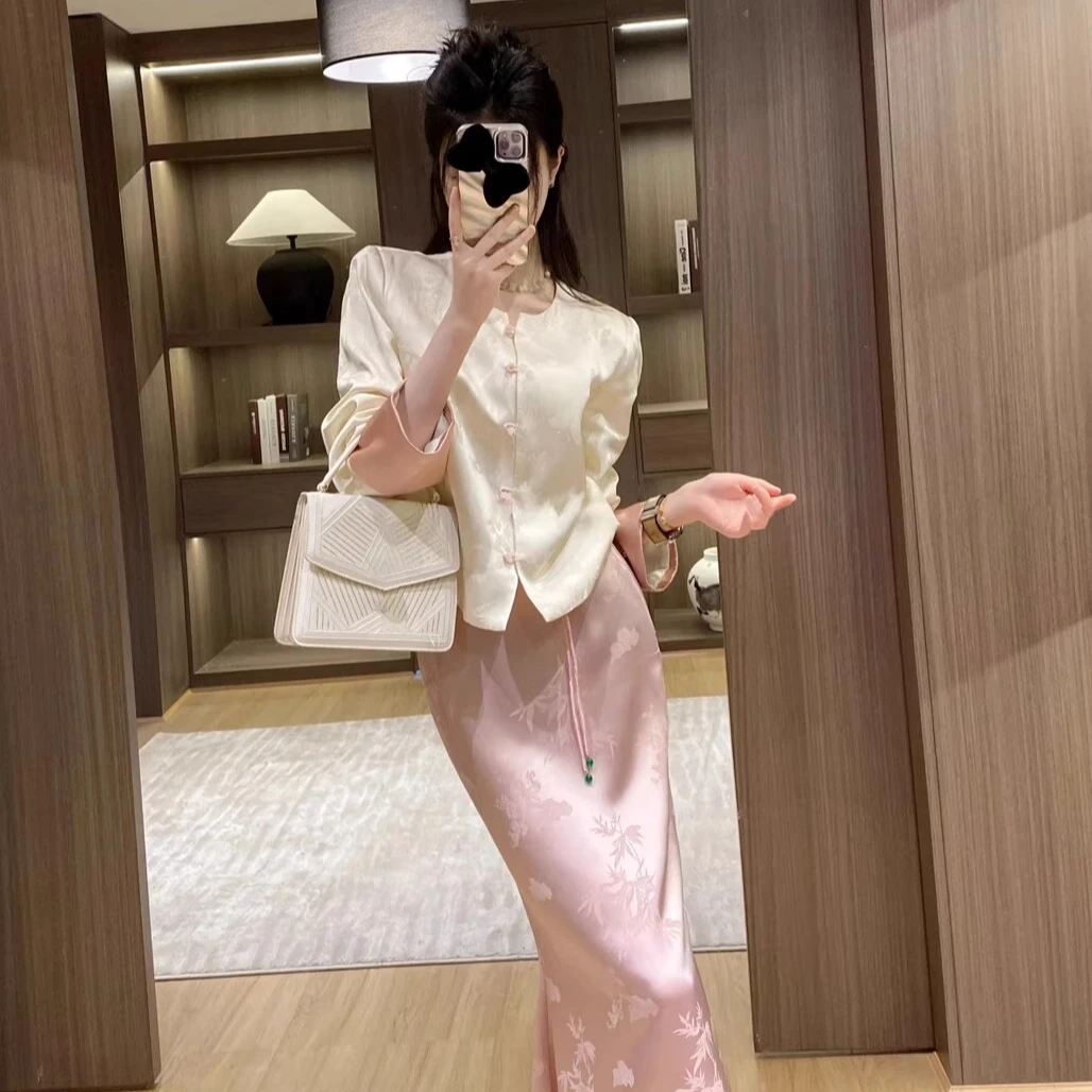 Leathercat新中式国风2025早秋新套装女高级感气质半身裙两件套装