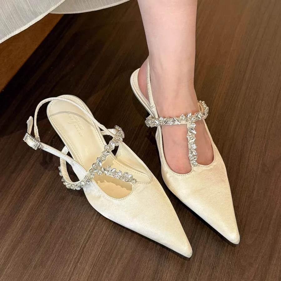 2025夏季法式水钻包头凉鞋女名媛宴会尖头高跟鞋T字扣带细跟单鞋