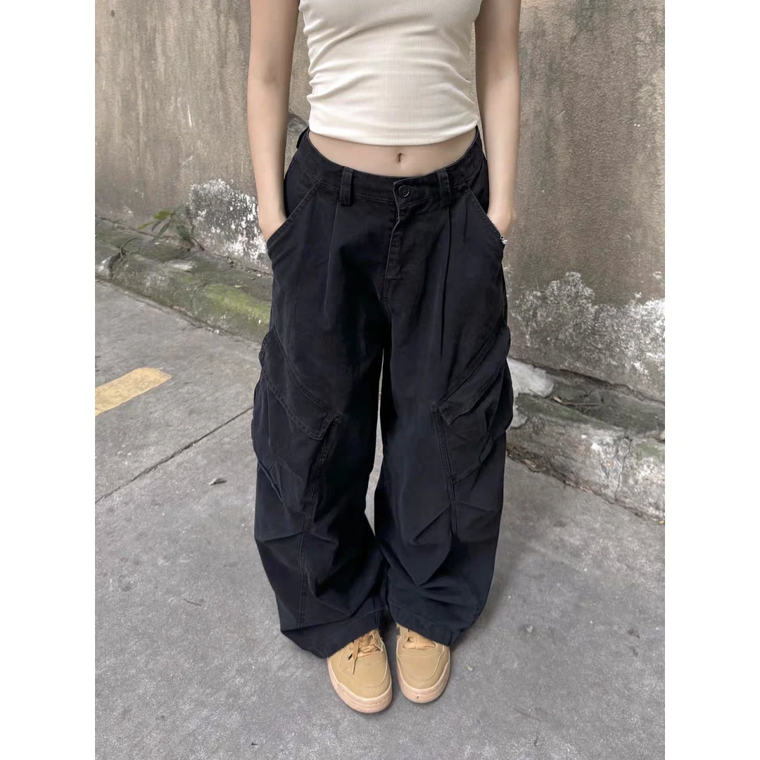 「涵涵家」美式复古宽松直筒多口袋工装阔腿裤女#237