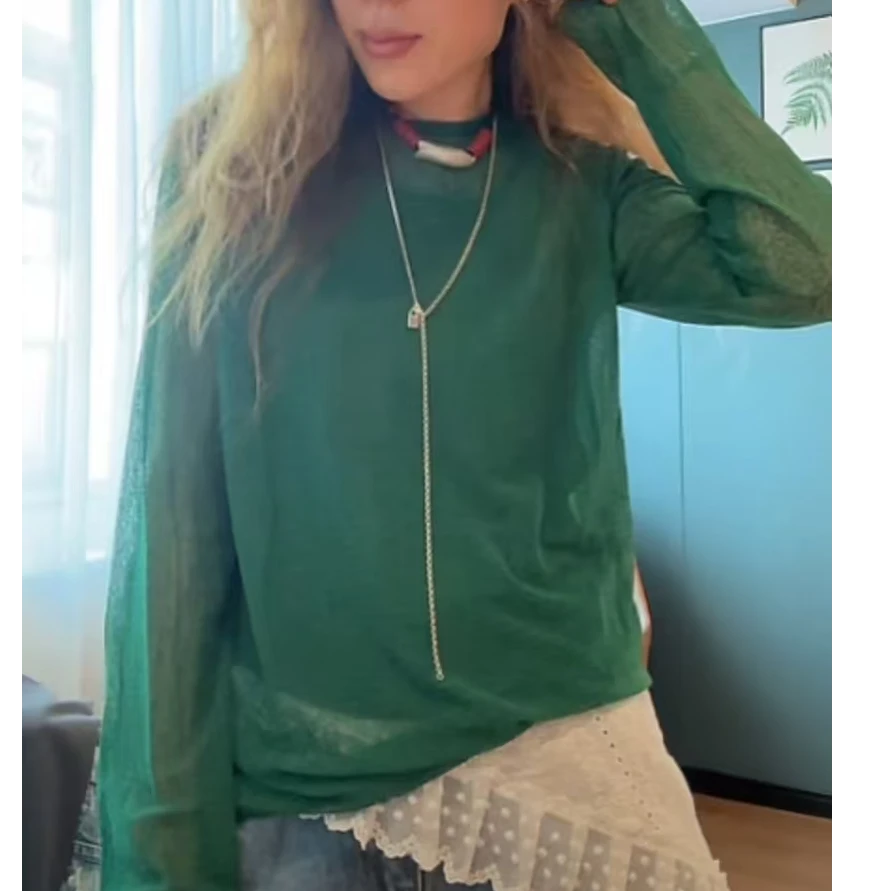 0257722圆领长袖纱衣 时尚简约个性百搭休闲舒适减龄气质潮流小衫