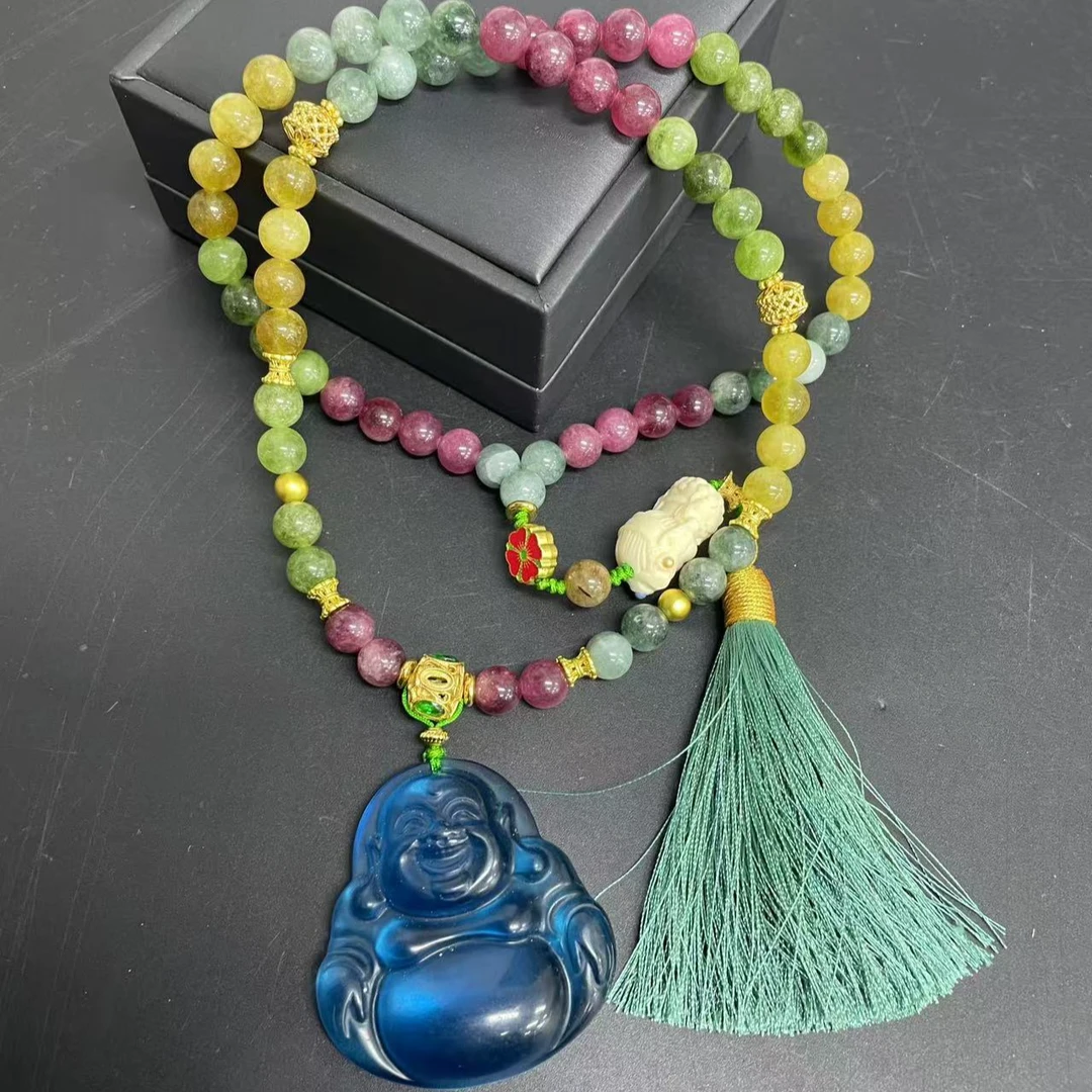 【小杰推荐】多宝珠链配冰蓝雕刻佛公项链 （多样性发其一）10131