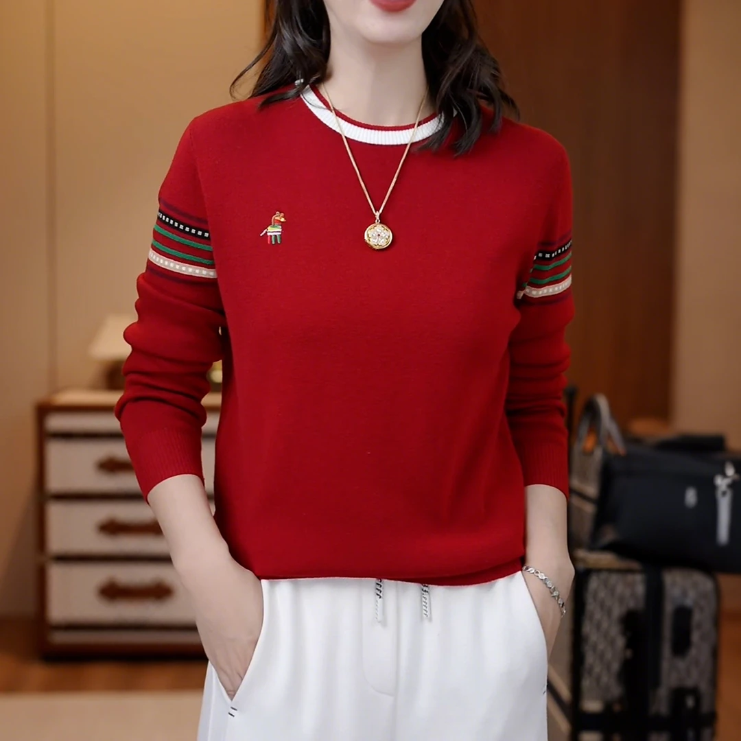 卡通小马刺绣圆领针织衫女2025秋冬新款优雅气质显瘦长袖打底上衣