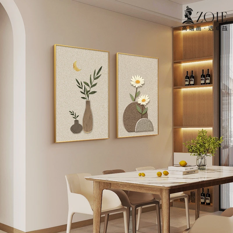 现代轻奢高级感砂岩餐厅装饰画绿植花卉客厅沙发背景墙手工砂岩画