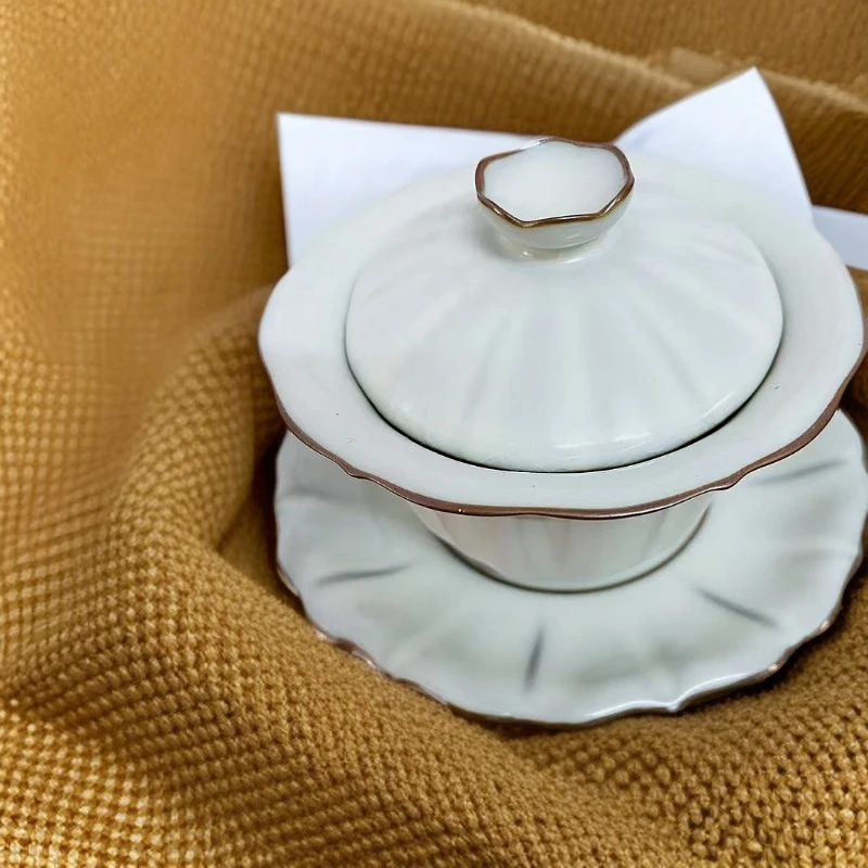 祥云米黄汝窑三才盖碗可开片不烫手单盖碗