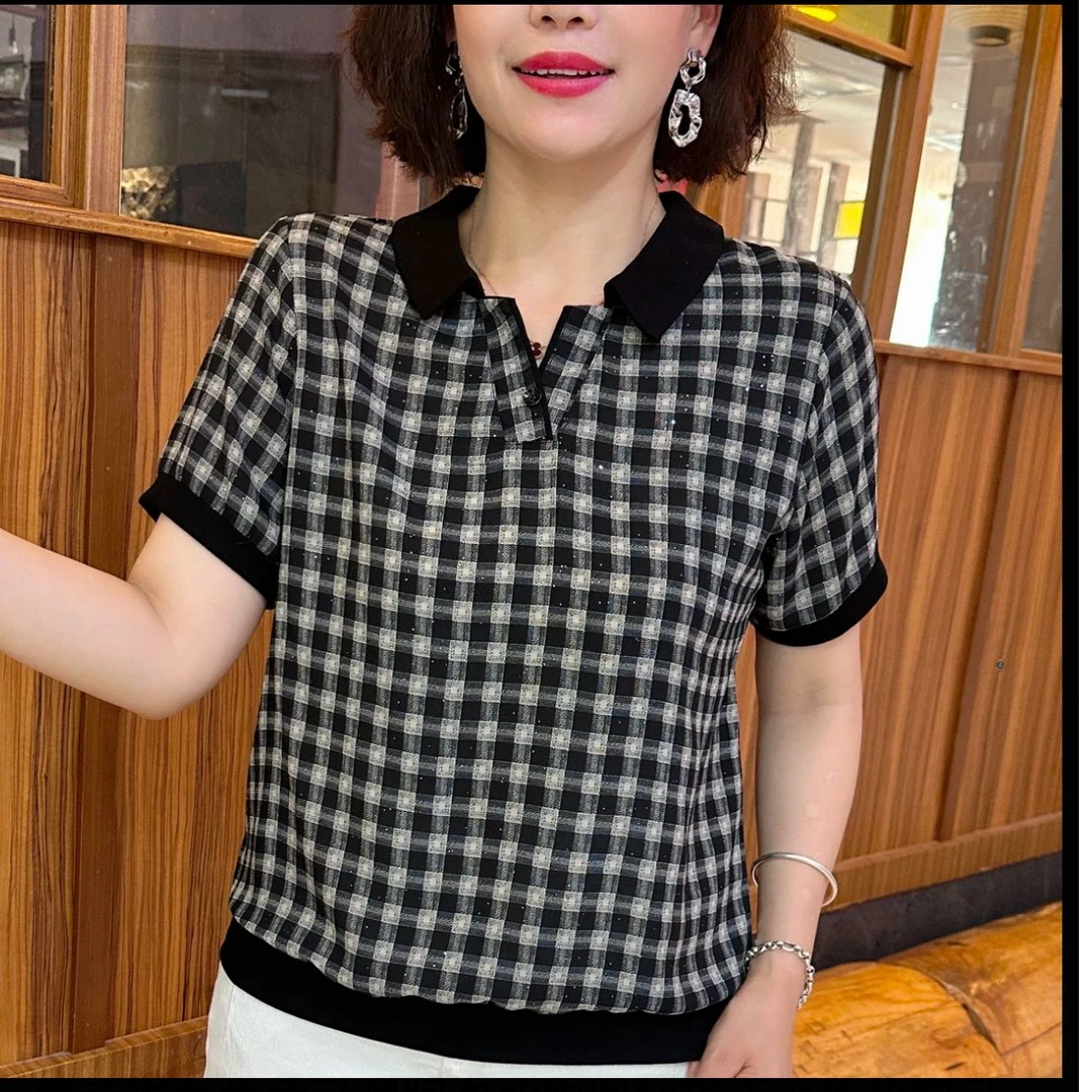 中老年女装时尚夏季薄款格子翻领宽松减龄显瘦洋气妈妈装短袖上衣