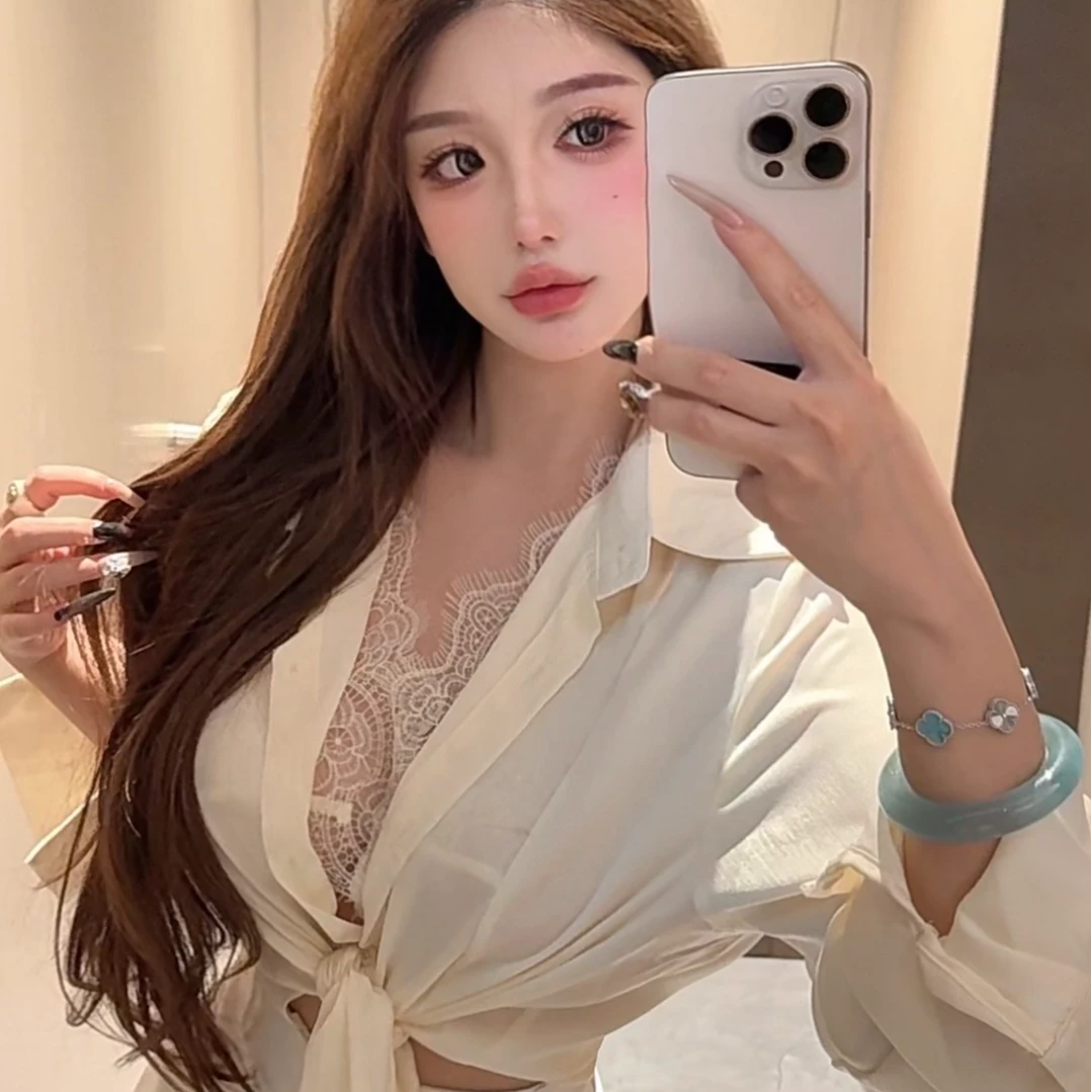 夏天女人味假两件薄款蕾丝性感衬衫