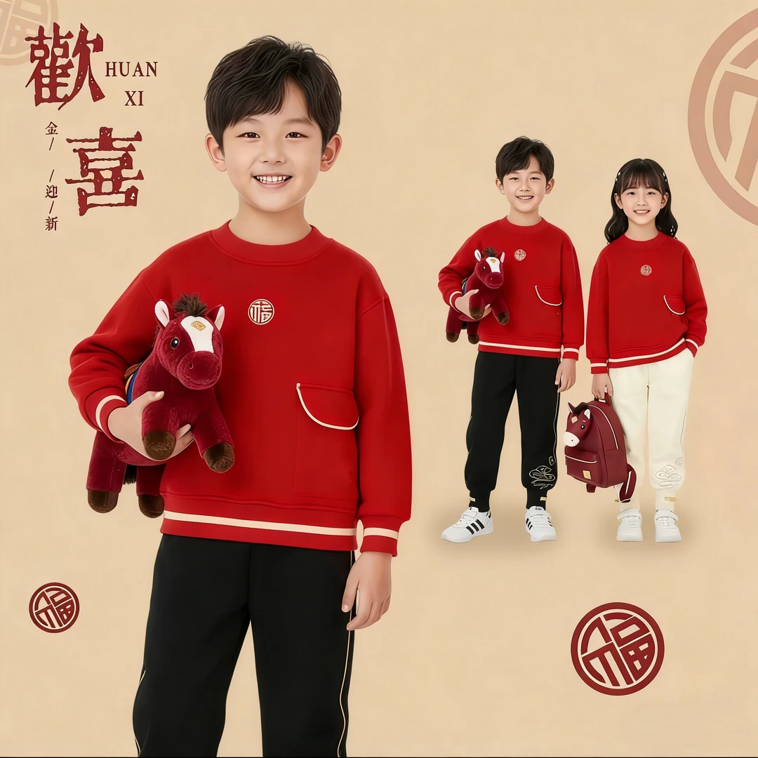 儿童时尚新款加绒保暖卫衣套头上衣冬季喜庆拜年服2829中大童加厚