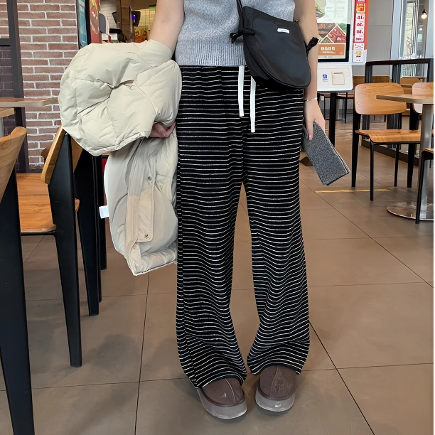 【金恩慧欧尼Hi mood】毛毛条纹拼接松紧腰抽绳毛巾休闲长裤하루팬츠