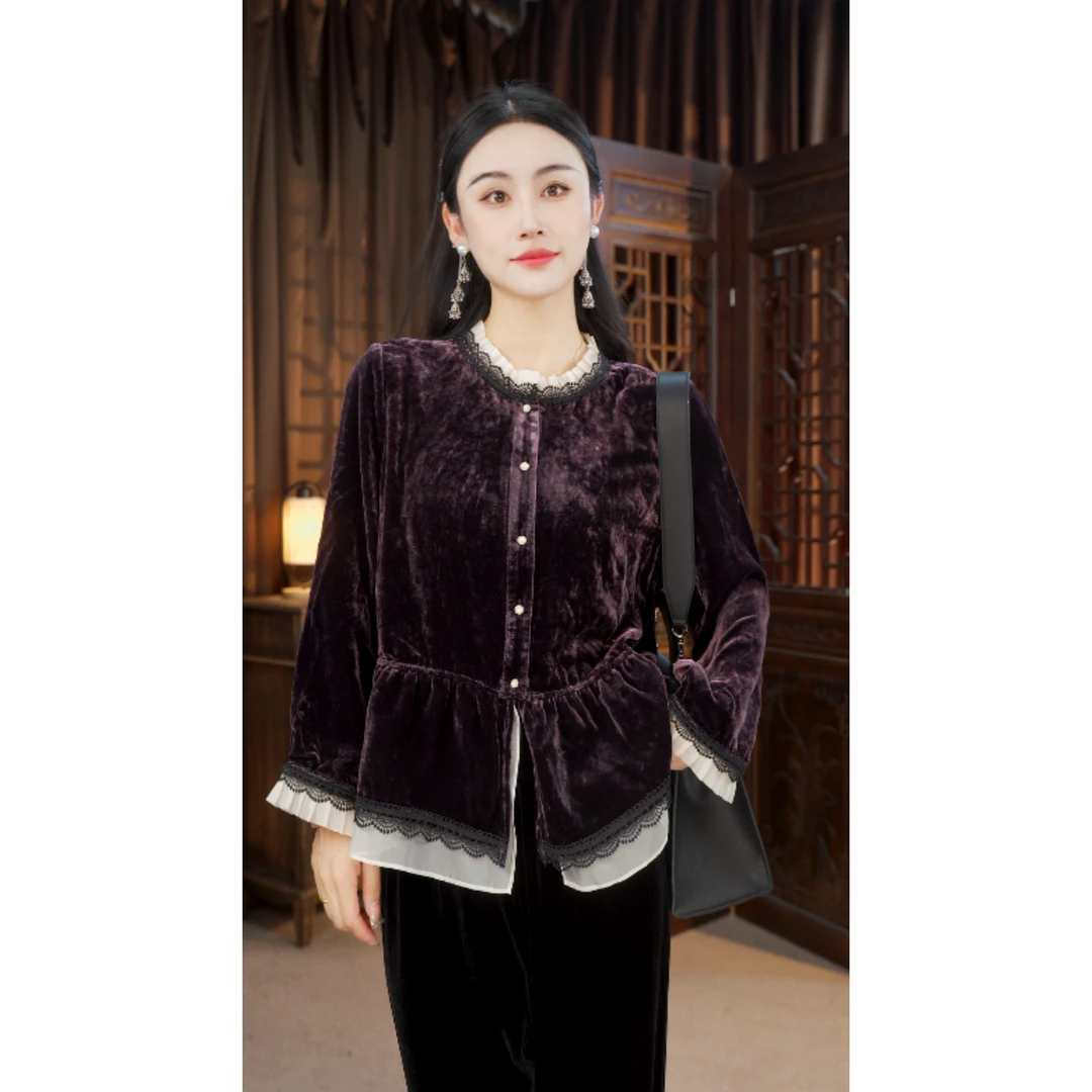 欧若新中式法式气质衬衫显瘦V领秋季荷叶边上衣25385