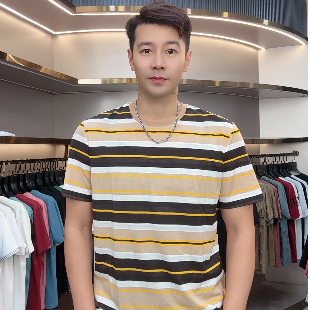 欧彬泽【】莫代尔欧货简约条纹夏季男装圆领短袖T恤1078