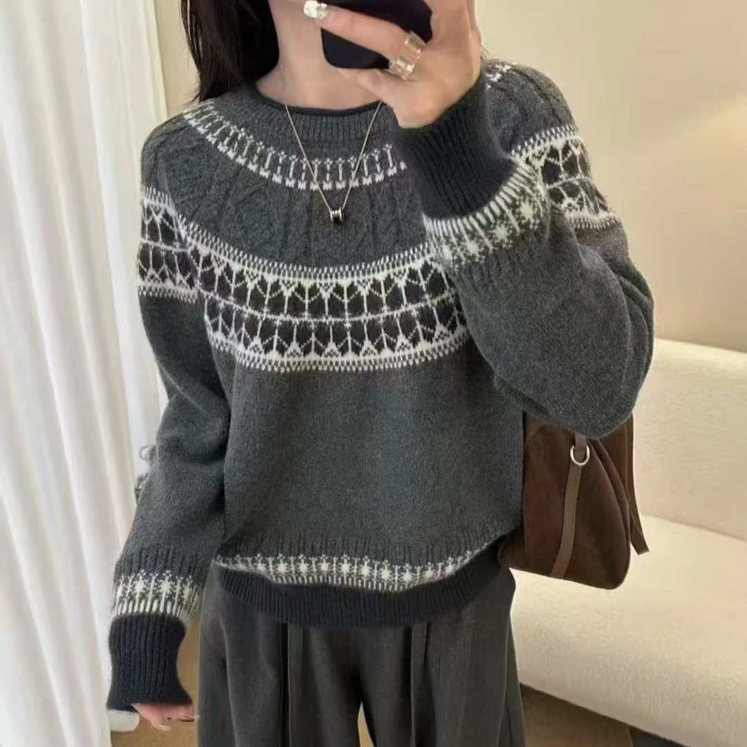 【灰色-费尔岛】秋冬新款时尚提花厚款女士针织衫 388