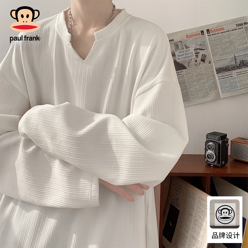 PaulFrank/大嘴猴纯色长袖T恤上衣男士2025秋季休闲宽松V领打底衫