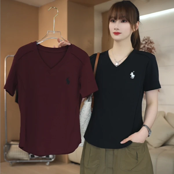 SHUOBAI/说白【V领+刺绣】237# 减龄遮肉 修身显瘦 V领短袖T恤