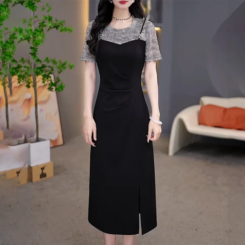 时尚假两件短袖女夏季新款气质显瘦拼接中长款开衩连衣裙5213#