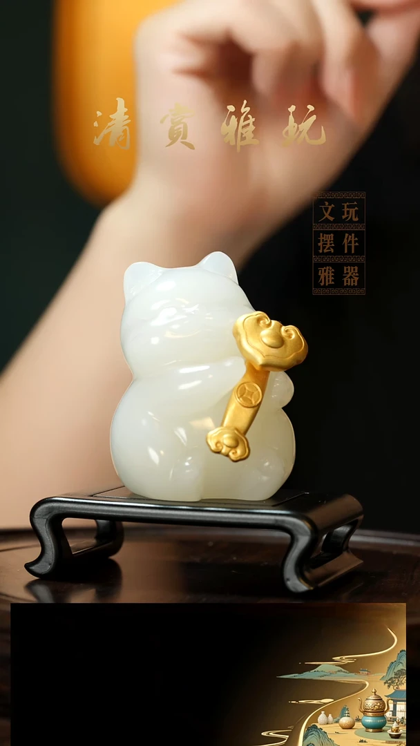 玉《如意猫》手把件摆件