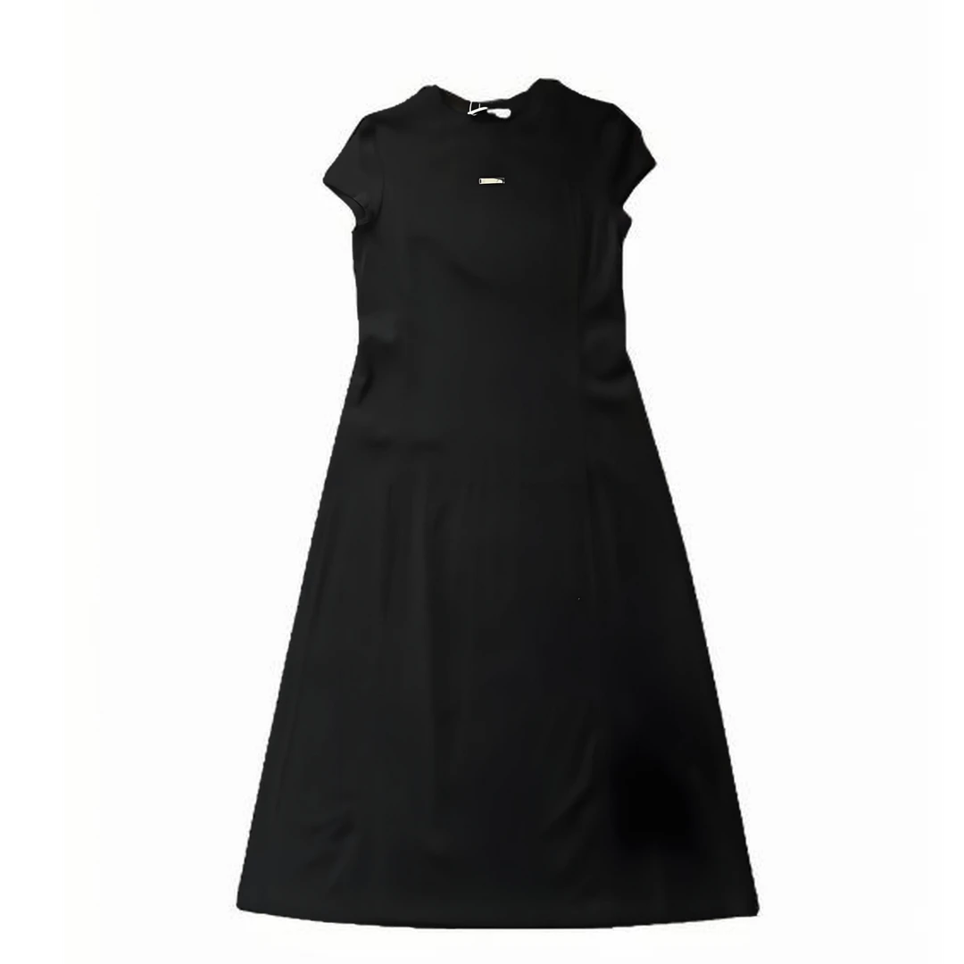 巴黎足迹连衣裙 螺纹棉纱收腰直筒黑色长裙