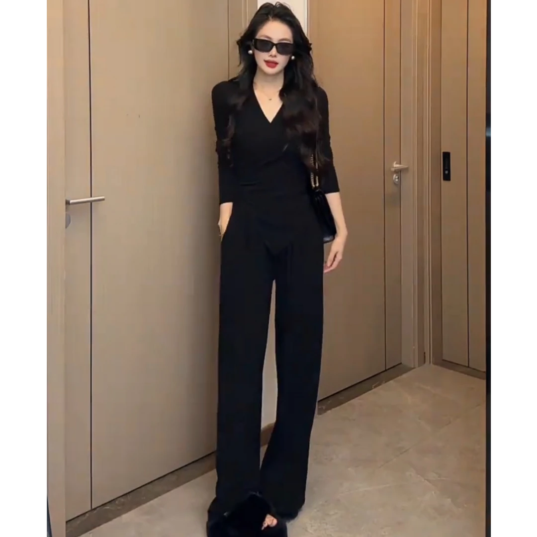 交叉v领不规则长袖T恤上衣女2025冬季时尚套装垂感阔腿长裤两件套