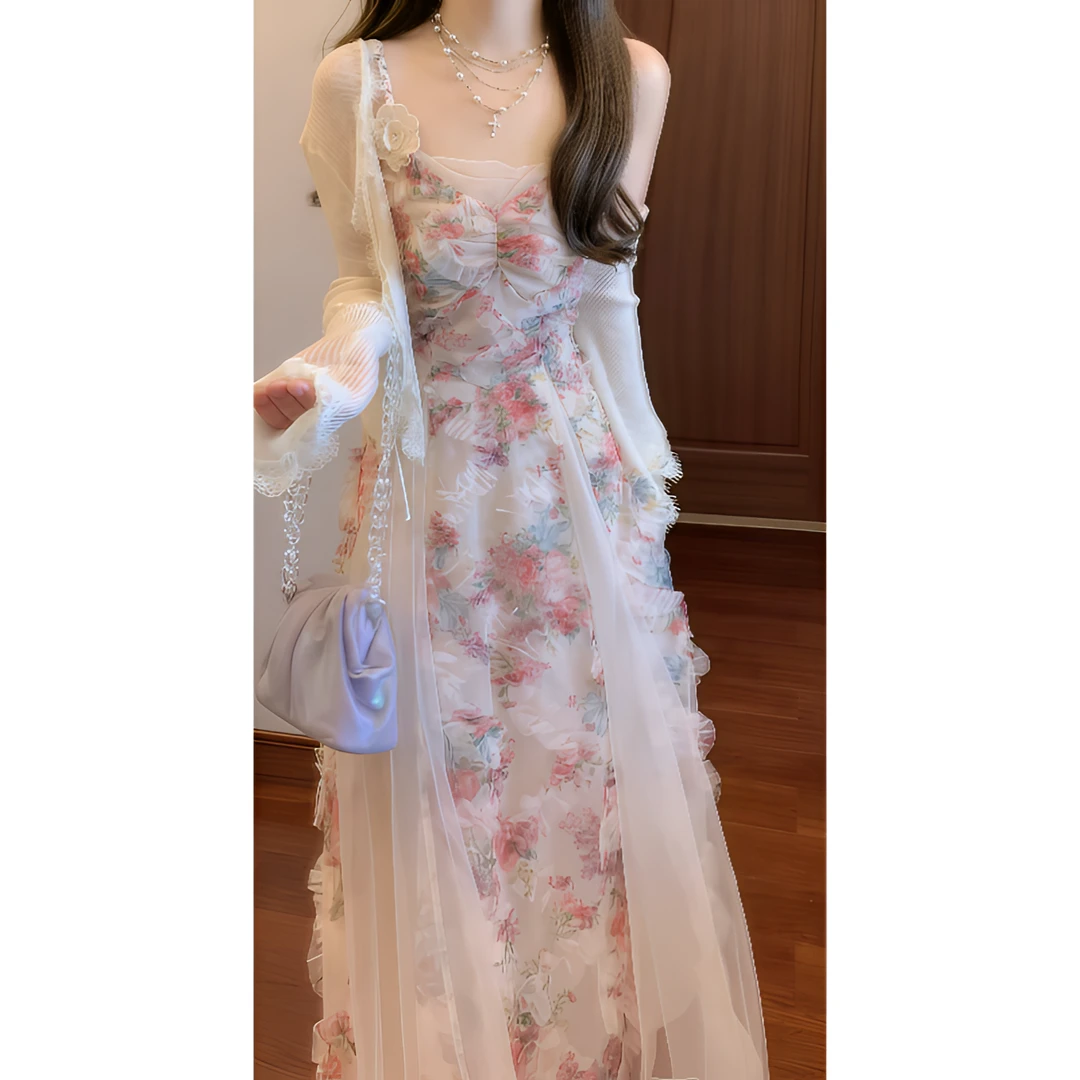 【芙罗拉】法式温柔高级设计感网纱吊带连衣裙海边度假风显瘦裙子女