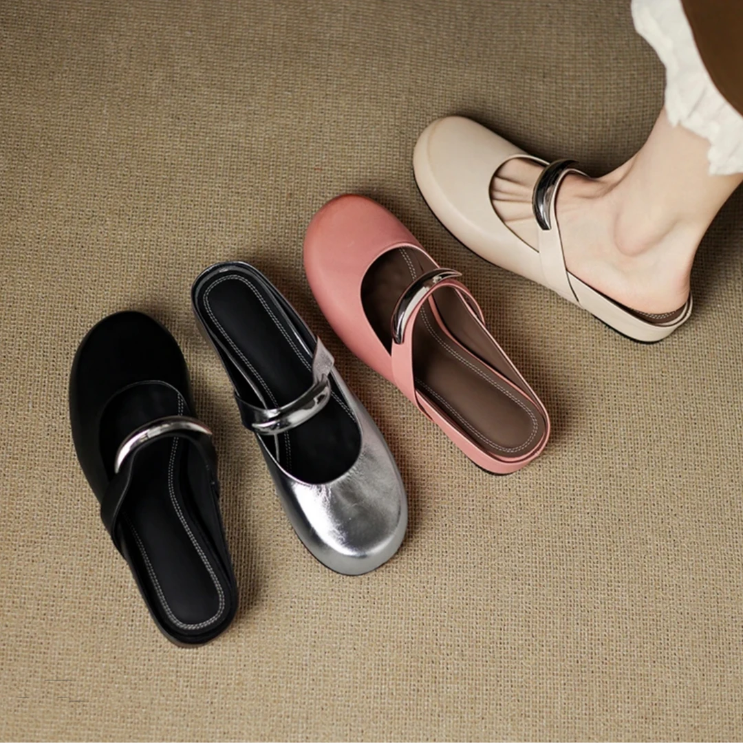 【RANBEST】4cm,2025春夏新款真皮软皮拖鞋女内增高中跟银色包头拖