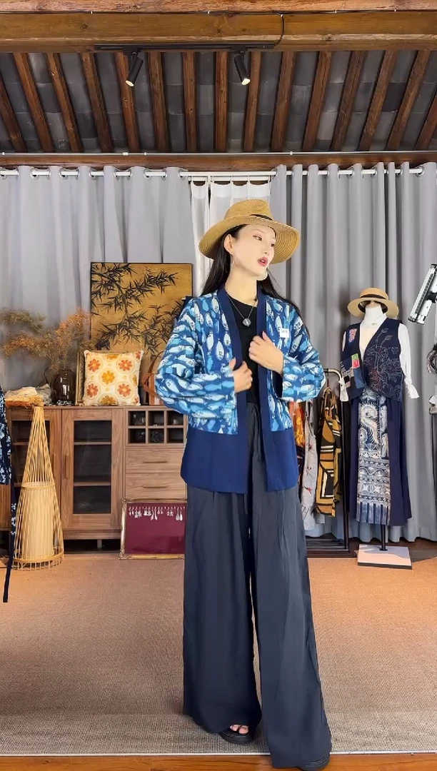 设计师款蓝染拓印对襟外套鱼多多款