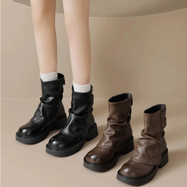 美拉德短靴女春秋单靴2025新款厚底棕色裤管骑士马丁靴