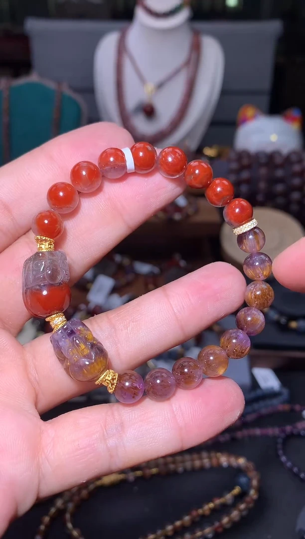 未镶嵌珠宝半成品水晶红极光紫钛DIY貔貅手串